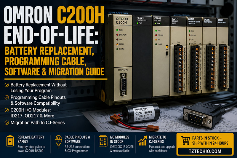 Fim da vida útil do Omron C200H: Substituição da bateria, cabo de programação, software e guia de migração