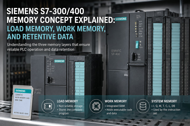 Conceito de memória do Siemens S7-300/400 explicado: memória de carga, memória de trabalho e dados retentivos.
